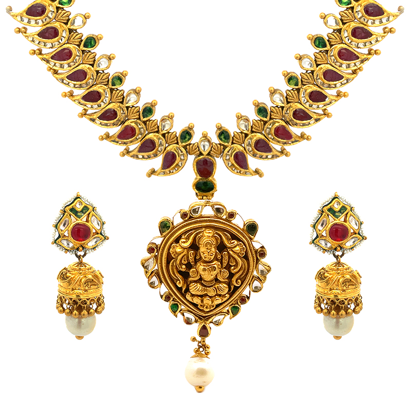 22K Necklace Set in Temple design